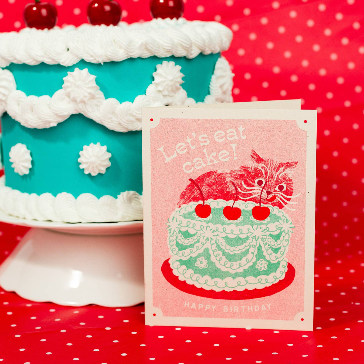 Let's Eat Cake Cat - Risograph Birthday Card